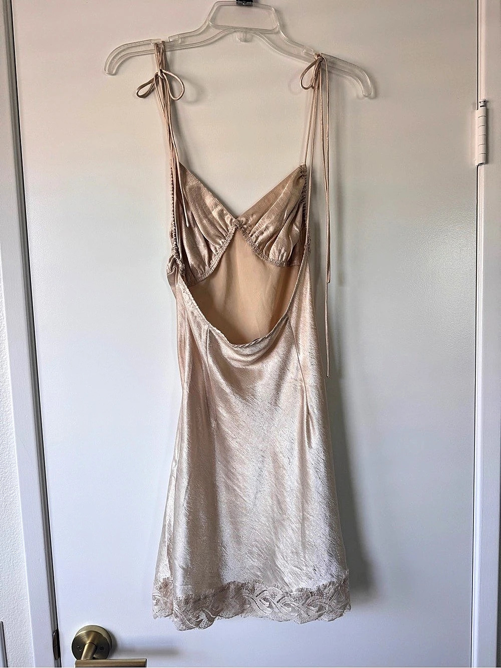 Satin champagne Lace Trim Mini Dress - Picture 2 of 3